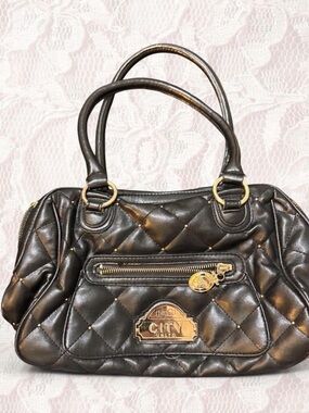 Black Quilted Shoulder Bag with Gold Accents